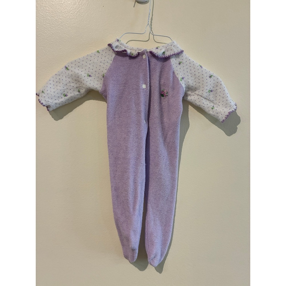 Vintage Gerber Purple Terry Footed Sleeper Floral Ruffle Collar Size 6-12M